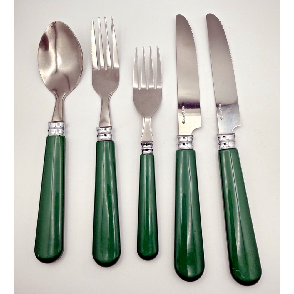 Gibson Green Handle 5 Pc Flatware Set Stainless Spoon Fork Knife